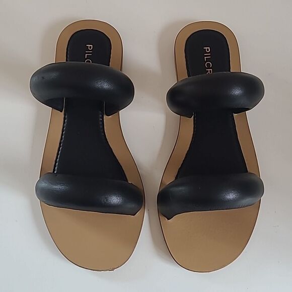 Anthropologie Pilcro Double Puff Strap Black Leather Slide Sandals Size 6 - Picture 2 of 14